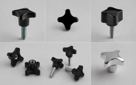 Collection de boutons étoile et écrous croisillon en divers matériaux, comprenant un bouton étoile bakélite avec tige filetée, un bouton croisillon en fonte noire, un bouton étoile inox à insert fileté, un bouton étoile insert trou lisse, un bouton croisillon aluminium, et divers éléments de serrage comme un volant 4 lobes avec insert taraudé en inox, un écrou croisillon bakélite, et un volant croisillon DIN 6335 gris. Accessoires de machine-outil pour la chaudronnerie et la tôlerie, offrant des solutions de serrage industriel avec des composants robustes, comme des boutons étoile insert taraudé laiton, boutons étoile avec tige filetée, écrous croisillons bakélite, volants croisillons avec tige filetée inox, et volants en croix, représentant la variété et la qualité des pièces de serrage industriel disponibles pour différentes applications industriels.