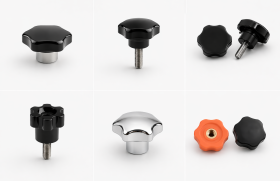 Image présentant une gamme variée de molettes de serrage et boutons de serrage pour applications industrielles, incluant des molette serrage M5, M6, M8, M10, M12 avec filetage acier et inox, ainsi que des molette polyamide et bakélite. Les produits affichent différentes formes comme le bouton étoile de serrage, la molette 6 branches, la molette taraudée et le bouton de serrage fileté ou taraudé. Options avec trous lisses ou insert taraudé disponibles. Accessoires essentiels pour chaudronnerie et tôlerie. Conforme à la norme DIN 6336, idéal pour fournisseurs de molettes de serrage. Inclut des modèles avec molette noyau trou lisse et molette tige filetée.