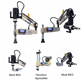 Gamme de bras de taraudage électrique GAMOR, présentant différents modèles comme le REV M12, M16, M27, M33 et M45, destinée à l'industrie pour un taraudage précis. Les images montrent les machines-outils modernes avec les spécifications des capacités de taraudage pour chaque modèle. L'équipement est conçu pour améliorer la productivité et l'efficacité dans l'outillage industriel, offrant des solutions de taraudage fiables avec technologie de pointe pour le taraudage industriel. Aperçu d'accessoires de tôlerie et de matériel de taraudage de qualité pour répondre aux besoins de machine de taraudage de précision.