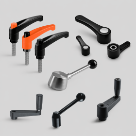 Collection de manettes indexables et poignées indexables de différentes tailles et formes, incluant manivelle de serrage et levier de serrage pour accessoires de machines-outils, présentant des caractéristiques telles que poignée débrayable et levier indexable. Différents designs montrent manette fixe avec insert taraudé, tige filetée, conformes aux normes DIN 99 N, DIN 468 F, DIN 469 F, fabriquées en matériaux résistants tels que manette aluminium et manette acier. Au sein de l'équipement industriel pour serrage industriel, on aperçoit un exemple de manivelle à cliquet et leviers de connexion, ainsi qu'une poignée manette femelle inox, mettant en évidence la qualité d'un fournisseur d'accessoires industriels. Les manettes indexables en inox et manche rotatif sont illustrées, representant des outils de serrage clé, tels que KEGELGRIFFE et clamping lever, pour un environnement industriel.