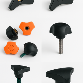 Collection de boutons de serrage triangle avec différents types d'inserts, dont bouton avec insert taraudé et bouton avec tige filetée, en matériaux variés comme le polyamide et la bakélite, illustrant l'assortiment d'accessoires de serrage industriel comprenant des volants de serrage 3 lobes, des poignées pour machines-outils, et des composants pour chaudronnerie. Des options en bouton de serrage en inox pour une haute résistance sont visibles, parfait pour les systèmes de serrage ajustable, la fixation pour tôlerie et les boutons triangles pour assemblage, convenant aux équipements de serrage pour industrie.