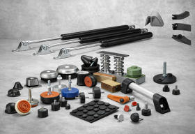 Assortiment de composants industriels comprenant vérins à gaz haute température et basse température, joints profilés caoutchouc protection bord de tôle, et accessoires positionnement pour catalogue accessoires chaudronnerie