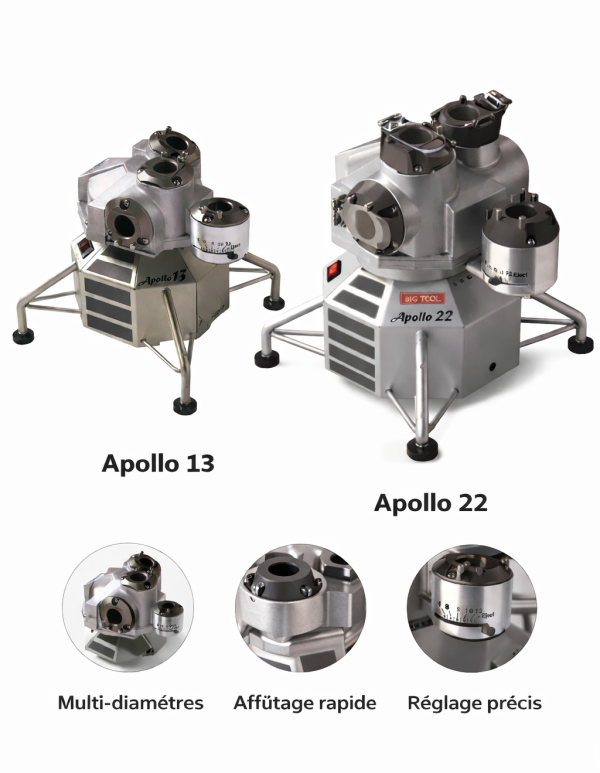 Gamme d'affûteuses de fraises portables de la marque ECKO TECH, incluant les modèles APOLLO 13 et APOLLO 22 affûteuses, représentant des solutions haut de gamme pour l'affûtage de fraises et autres outils de coupe destinés à un usage industriel. Les équipements d'affûtage de précision GAMOR offerts par ECKO TECH machines-outils sont conçus pour fournir une performance optimale et efficace, améliorant la productivité dans l'industrie manufacturière grâce à leur haute performance et leur conception portable, mettant l'accent sur des machines affûtage industriel de pointe.