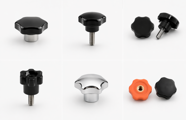 Image présentant une gamme variée de molettes de serrage et boutons de serrage pour applications industrielles, incluant des molette serrage M5, M6, M8, M10, M12 avec filetage acier et inox, ainsi que des molette polyamide et bakélite. Les produits affichent différentes formes comme le bouton étoile de serrage, la molette 6 branches, la molette taraudée et le bouton de serrage fileté ou taraudé. Options avec trous lisses ou insert taraudé disponibles. Accessoires essentiels pour chaudronnerie et tôlerie. Conforme à la norme DIN 6336, idéal pour fournisseurs de molettes de serrage. Inclut des modèles avec molette noyau trou lisse et molette tige filetée.