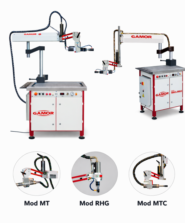 Série de taraudeuses hydrauliques GAMOR de haute performance pour l'industrie de la chaudronnerie et de la tôlerie, présentant une gamme variée de machines de taraudage industrielles avec différentes capacités de taraudage allant de M2 à M130. On y voit des bras de taraudage hydraulique articulés et des unités autonomes de précision, offrant vitesse et précision pour le filetage dans la production industrielle, mettant en lumière des gammes comme taraudage M2-M16, M3-M20, M4-M24 jusqu'à M3-M60 et M3-M130, illustrant la diversité et la flexibilité des outils pour le formage métallique.
