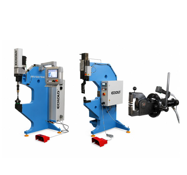 Gamme de produits Eckold pour clinchage et formage de métal, affichant divers outils de clinchage, incluant une pince de clinchage type MZD, une machine mobile de clinchage type DFG, et une machine stationnaire de clinchage type MFG. Les équipements sont conçus pour l'assemblage à froid de tôles métalliques, illustrant la technologie d'assemblage industriel dans la fabrication d'appareils, l'industrie automobile, électro-ménager, chauffage, climatisation et ventilation. Les images montrent le formage de métal en action et les produits finis de tôlerie, symbolisant l'innovation en tôlerie et les solutions de clinchage personnalisées respectant les normes de clinchage telles que la norme DIN 8593 pour un assemblage de tôles sans soudure.