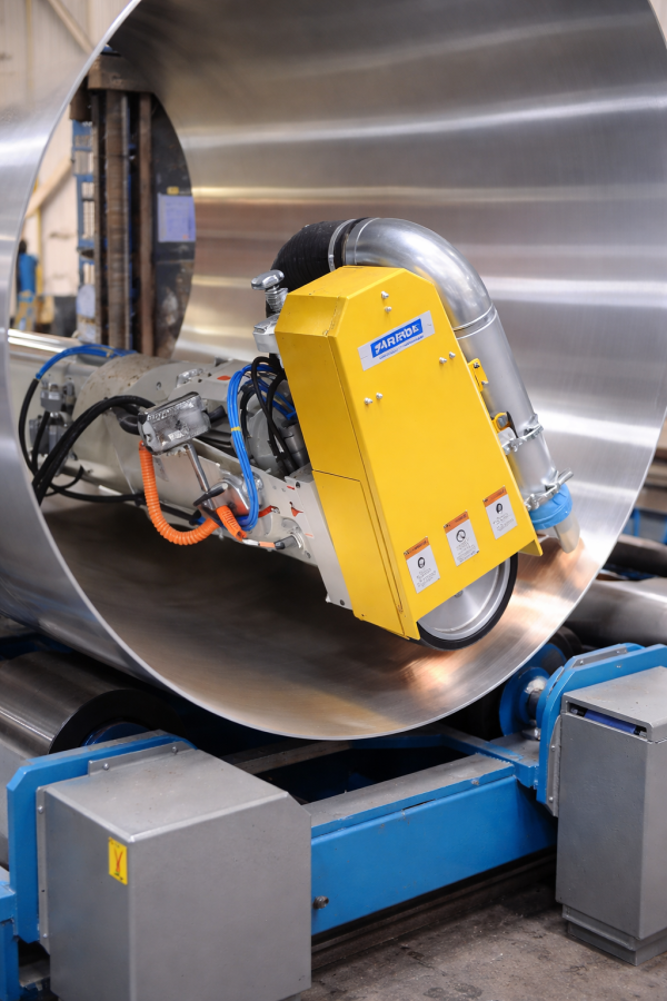 Installation de meulage Farros Grinding Systems en action, mettant en évidence une machine de meulage des fonds travaillant sur un réservoir métallique. L'image montre un meulage de précision avec des équipements de meulage industriel, y compris une installation de préparation des bords pour le meulage de tuyaux, démontrant la capacité des machines de meulage à effectuer des installations de meulages spéciales. La machine, partie d'installations de meulage polyvalentes, illustre le meulage extérieur des appareils industriels, confirmant Farros Grinding Systems comme leader en meulage industriel.