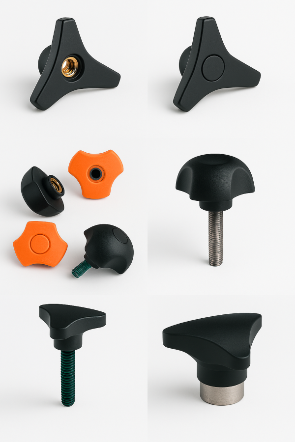 Collection de boutons de serrage triangle avec différents types d'inserts, dont bouton avec insert taraudé et bouton avec tige filetée, en matériaux variés comme le polyamide et la bakélite, illustrant l'assortiment d'accessoires de serrage industriel comprenant des volants de serrage 3 lobes, des poignées pour machines-outils, et des composants pour chaudronnerie. Des options en bouton de serrage en inox pour une haute résistance sont visibles, parfait pour les systèmes de serrage ajustable, la fixation pour tôlerie et les boutons triangles pour assemblage, convenant aux équipements de serrage pour industrie.