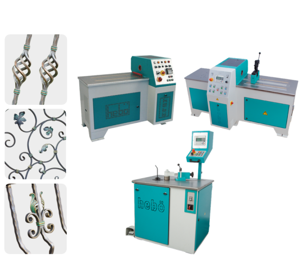 Montage de machines de ferronnerie hebö machines en gris et turquoise pour atelier de ferronnerie et ferronnerie industrielle : trois machines-outils de machine formage métal avec tables de travail, pupitres de commande et systèmes automatisés, accompagnées à gauche de détails de torsion de barre, torsion métallique, formage de tiges et motifs décoratifs en fer forgé. Équipement de ferronnerie et technologie de ferronnerie de la gamme ERA 300, SMT 4, SMT 5, SMT 6, SPA 2, SPA 3, SSB2, SSB3, SSB4, conçu pour l’industrie métallurgique et le formage précis du métal.