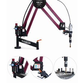 Bras de taraudage pneumatique GAMOR GN-24 sur colonne avec bras articulé et tête de taraudage, régulateur pneumatique et outils de taraudage pour machine-outil de taraudage : taraudage métrique rapide et taraudage de précision M2-M24, optimisation de taraudage, performance en taraudage, solutions de taraudage et système de taraudage efficace; machines pour taraudage, taraudeuse industrielle, taraudeuse pneumatique GN/08, taraudeuse pneumatique GN/12, taraudeuse pneumatique GN/16, taraudeuse pneumatique GN/20, taraudeuse pneumatique GN/24, taraudeuses pneumatiques GAMOR, équipements pour taraudage.