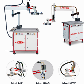 Série de taraudeuses hydrauliques GAMOR de haute performance pour l'industrie de la chaudronnerie et de la tôlerie, présentant une gamme variée de machines de taraudage industrielles avec différentes capacités de taraudage allant de M2 à M130. On y voit des bras de taraudage hydraulique articulés et des unités autonomes de précision, offrant vitesse et précision pour le filetage dans la production industrielle, mettant en lumière des gammes comme taraudage M2-M16, M3-M20, M4-M24 jusqu'à M3-M60 et M3-M130, illustrant la diversité et la flexibilité des outils pour le formage métallique.