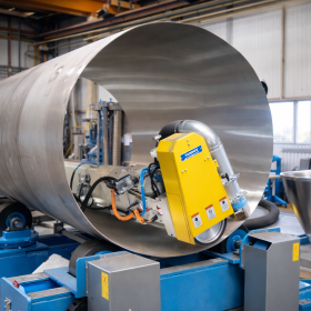 Installation de meulage Farros Grinding Systems en action, mettant en évidence une machine de meulage des fonds travaillant sur un réservoir métallique. L'image montre un meulage de précision avec des équipements de meulage industriel, y compris une installation de préparation des bords pour le meulage de tuyaux, démontrant la capacité des machines de meulage à effectuer des installations de meulages spéciales. La machine, partie d'installations de meulage polyvalentes, illustre le meulage extérieur des appareils industriels, confirmant Farros Grinding Systems comme leader en meulage industriel.