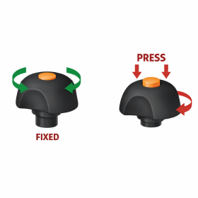 Deux versions du bouton de serrage étoile débrayable présentées côte à côte, l'une fixée et l'autre avec les indications de pression. Ces boutons industriels offrent des accessoires de sécurité pour machines avec inserts taraudés en laiton ou inox et une tige filetée en acier zingué ou inoxydable. La conception inclut des boutons à ressort interne en acier inoxydable pour un mécanisme débrayable, un polyamide renforcé pour la durabilité, une ergonomie optimale du bouton de serrage pour une utilisation confortable, et un bouton étoile avec une pastille de couleur pour une identification facile. La référence 1168K pour la version avec insert taraudé en laiton et 1168T pour la version avec insert taraudé inox indique un design centré sur la sécurité, avec un bouton de serrage sécurisé et facile à manipuler.