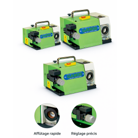 Affûteuse de forets de la marque GAMOR, modèle robuste adapté pour l'affûtage précis de forets HSS et forets carbure. Visible est la meule en diamant pour un aiguisage fin et les pinces ER pour la fixation des forets garantissant un centrage parfait. Cette machine, partie intégrante des équipements d'affûtage pour machines affûtage industriel, est conçue pour l'affûtage rapide et économique, assurant une maintenance efficace des outils coupants. La série comporte les modèles SAE-1300, SAE 2000 et SAE 2500, adaptés à la chaudronnerie et à la tôlerie. Sécurité optimisée pour l'opération d'affûtage, idéale pour la distribution de machines-outils.